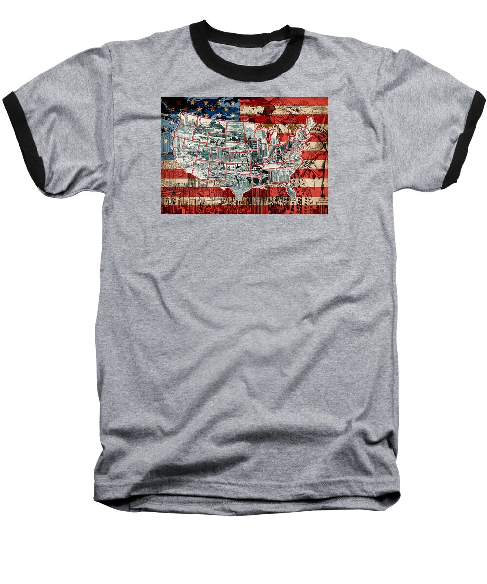 Map Baseball T-Shirt featuring the painting United States Drawing Collage Map 6 by Bekim M