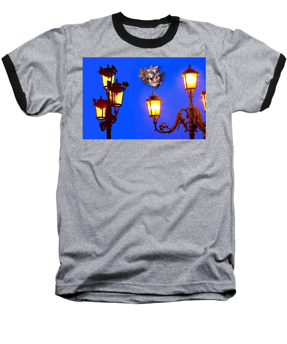 Italy Baseball T-Shirt featuring the photograph Venice Street Lamps And Mask At Twilight by Jean-luc Bohin
