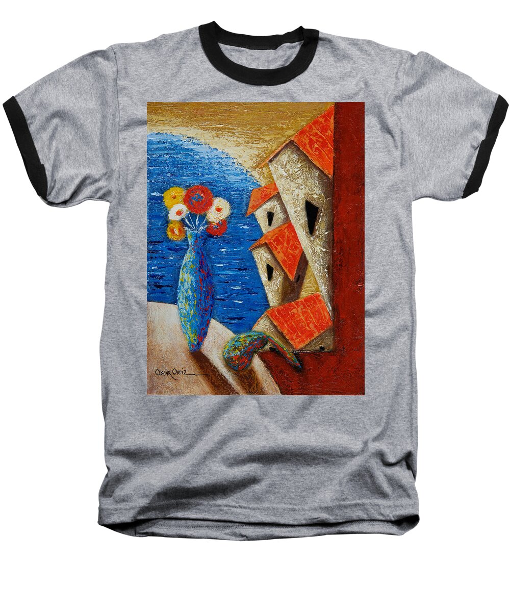Landscape Baseball T-Shirt featuring the painting Ventana Al Mar by Oscar Ortiz