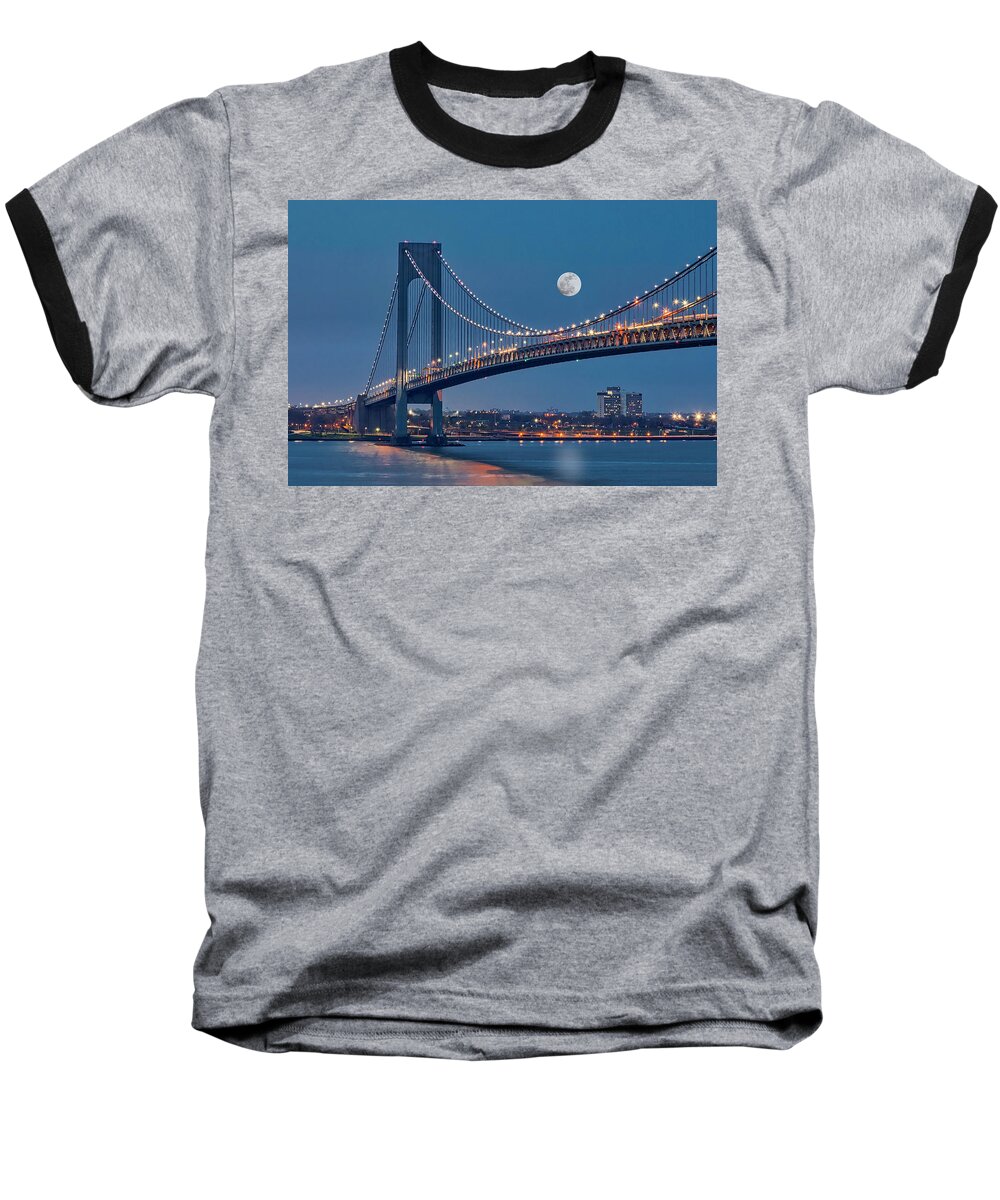 Verrazano Narrows Bridge Baseball T-Shirt featuring the photograph Verrazano Narrows Bridge Moon by Susan Candelario