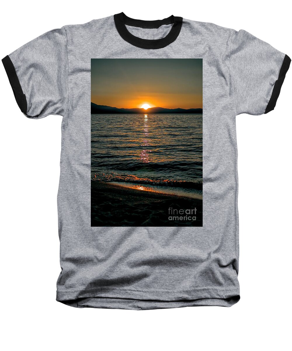Sunset; Waves; Lake; Orange; Yellow; Blue; Mountains; Alpine; Boats; Reflection; Joe Lach Baseball T-Shirt featuring the photograph Vertical Sunset Lake by Joe Lach