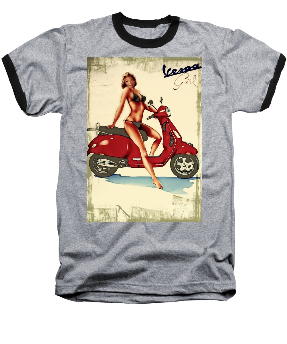Vespa Baseball T-Shirt featuring the digital art Vespa Girl - Vintage Poster by Ian Gledhill