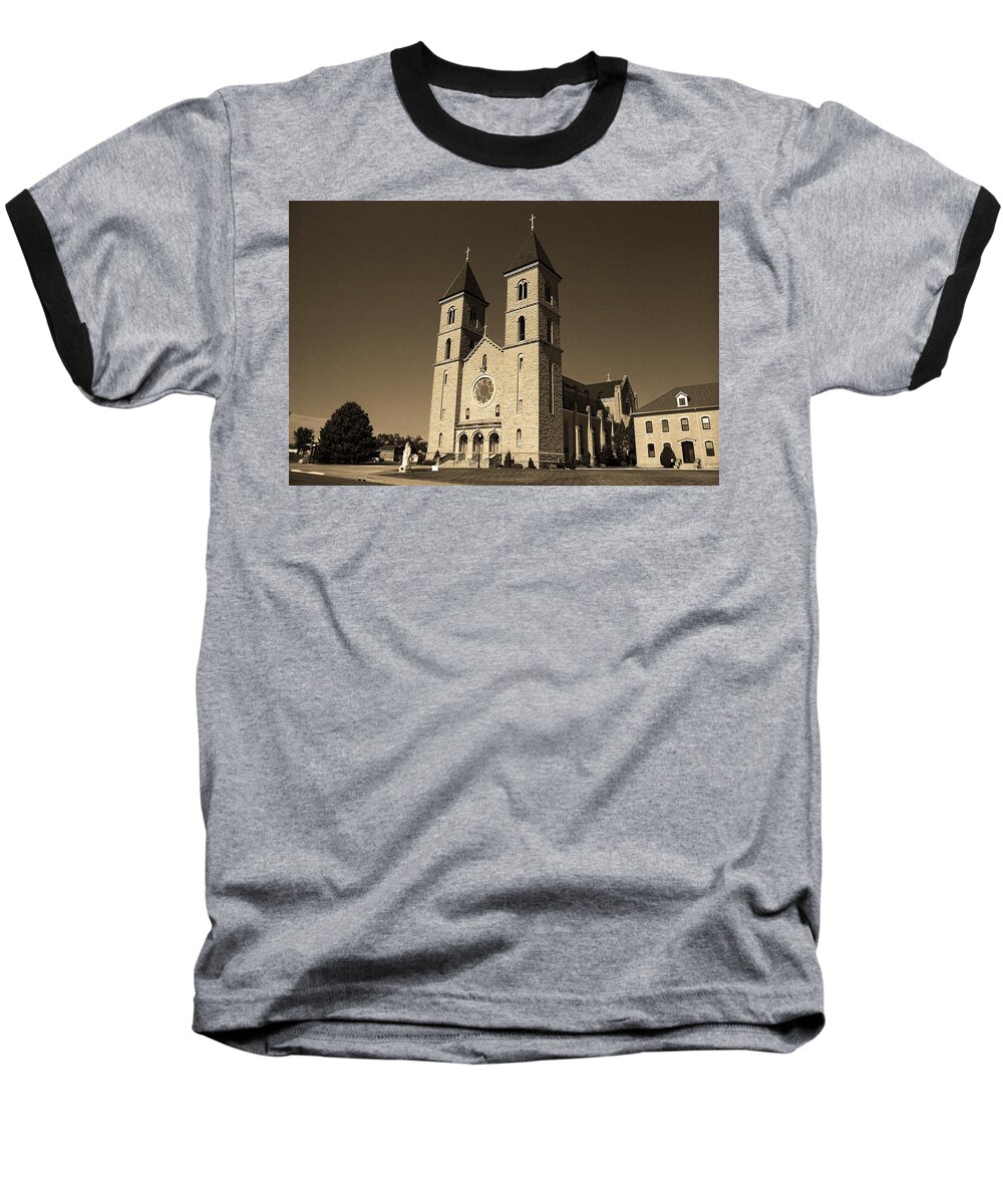 America Baseball T-Shirt featuring the photograph Victoria, Kansas - Cathedral of the Plains Sepia 6 by Frank Romeo