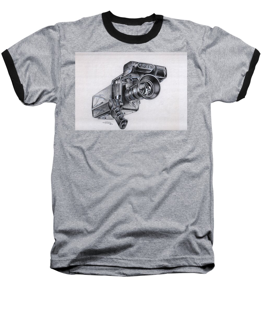 Black And White Baseball T-Shirt featuring the painting Video Camera, Vintage by Dale Turner