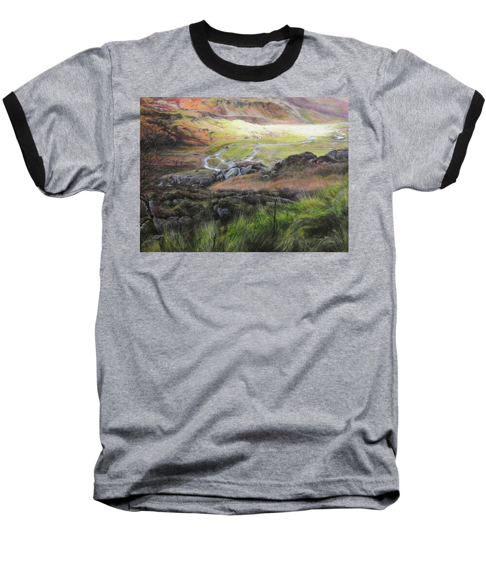Landscape Baseball T-Shirt featuring the painting View down the valley in Snowdonia. by Harry Robertson