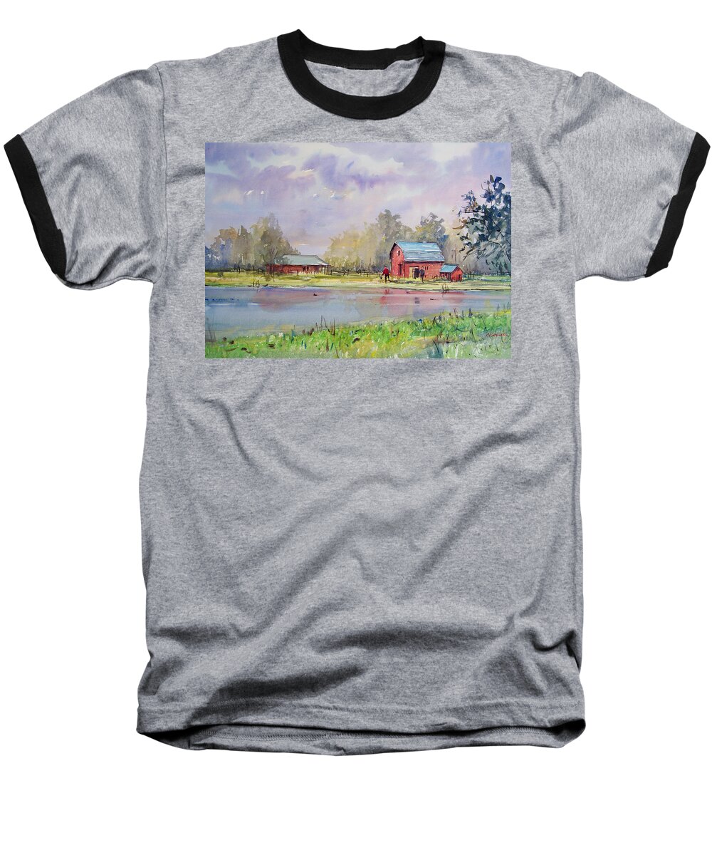 Landscape Baseball T-Shirt featuring the painting View from the Millpond by Ryan Radke