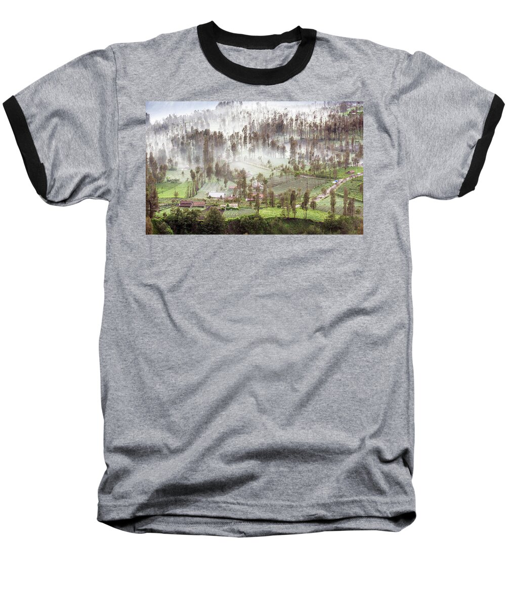 Landscape Baseball T-Shirt featuring the photograph Village covered with mist by Pradeep Raja Prints