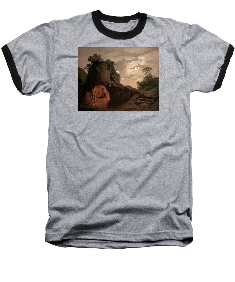 Joseph Wright Of Derby Baseball T-Shirt featuring the painting Virgil's Tomb by Moonlight with Silius Italicus Declaiming by Joseph Wright of Derby