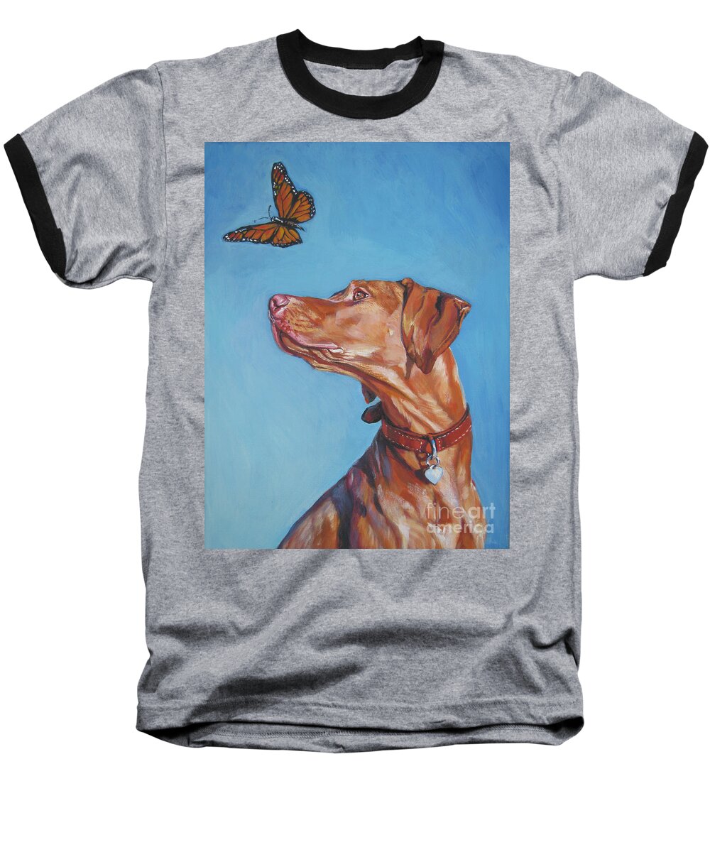 Vizsla Baseball T-Shirt featuring the painting Vizsla and the butterfly by Lee Ann Shepard