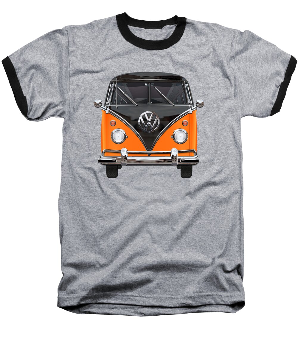 'volkswagen Type 2' Collection By Serge Averbukh Baseball T-Shirt featuring the digital art Volkswagen Type 2 - Black and Orange Volkswagen T 1 Samba Bus over Blue by Serge Averbukh