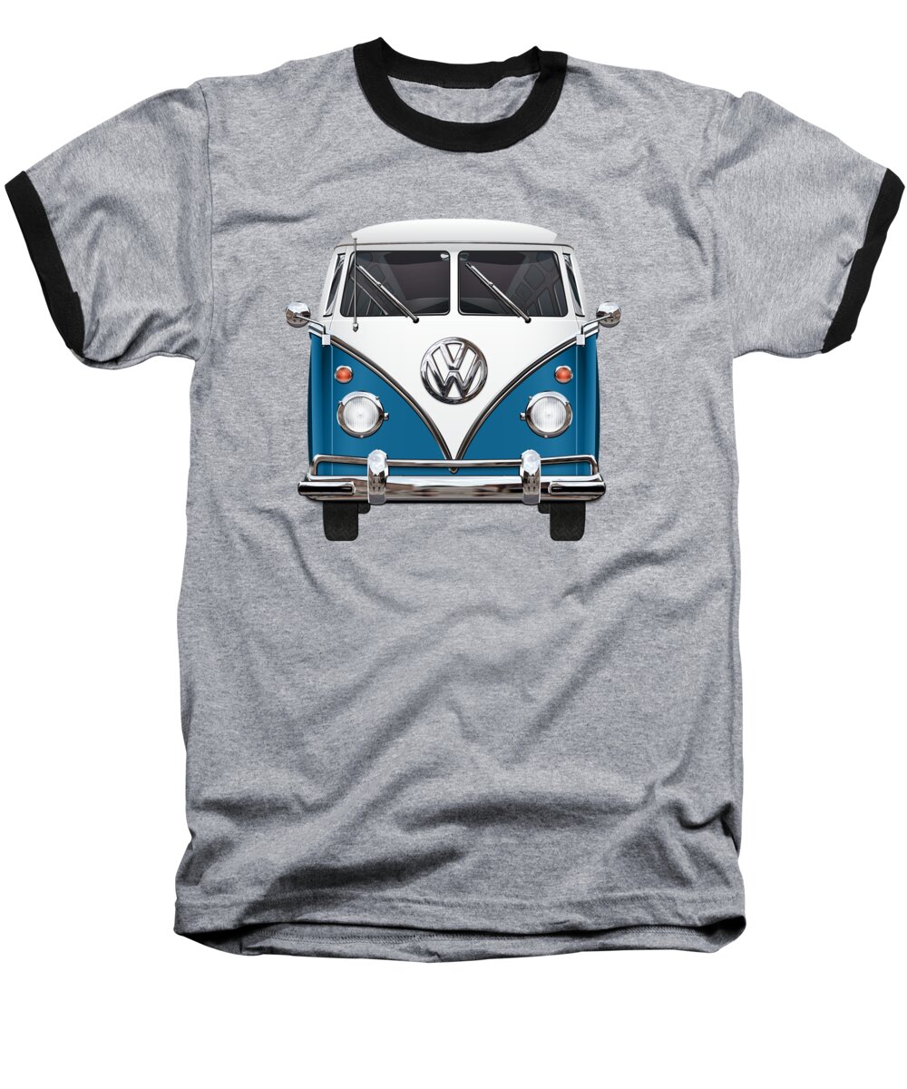 'volkswagen Type 2' Collection By Serge Averbukh Baseball T-Shirt featuring the digital art Volkswagen Type 2 - Blue and White Volkswagen T 1 Samba Bus over Orange Canvas by Serge Averbukh