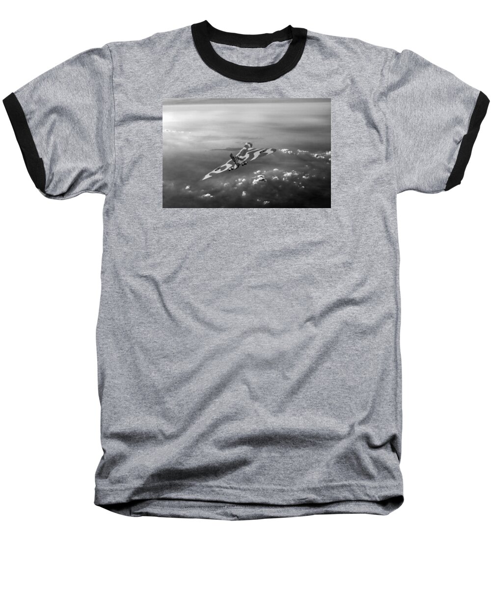 Avro Vulcan Baseball T-Shirt featuring the photograph Vulcan over the Channel black and white version by Gary Eason