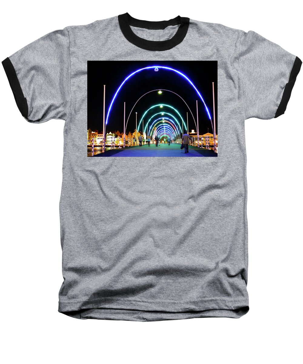 Floating Bridge Baseball T-Shirt featuring the photograph Walk along the floating bridge, Willemstad, Curacao by Kurt Van Wagner