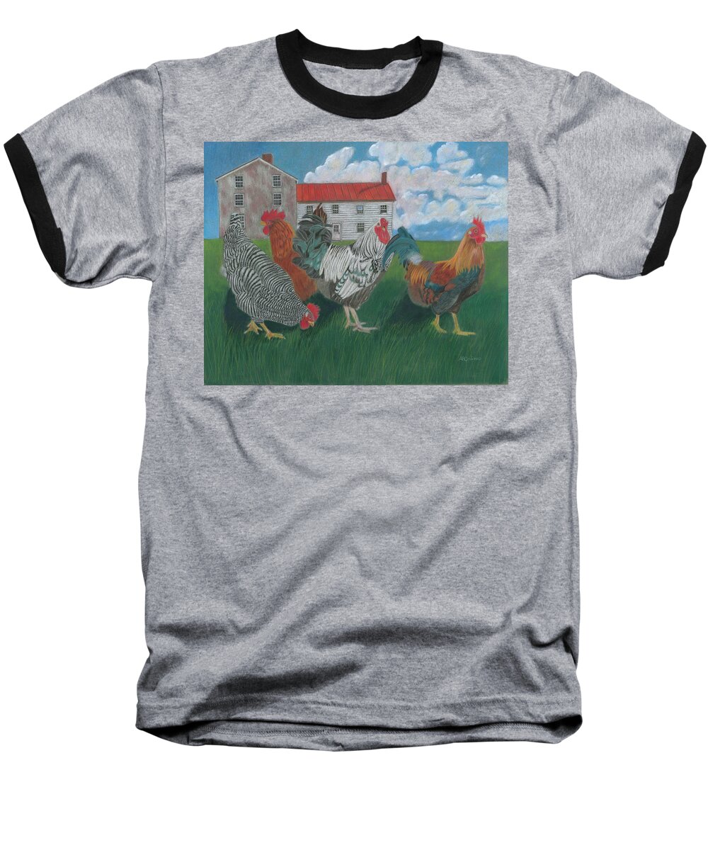 Chicken Baseball T-Shirt featuring the painting Walk This Way by Arlene Crafton