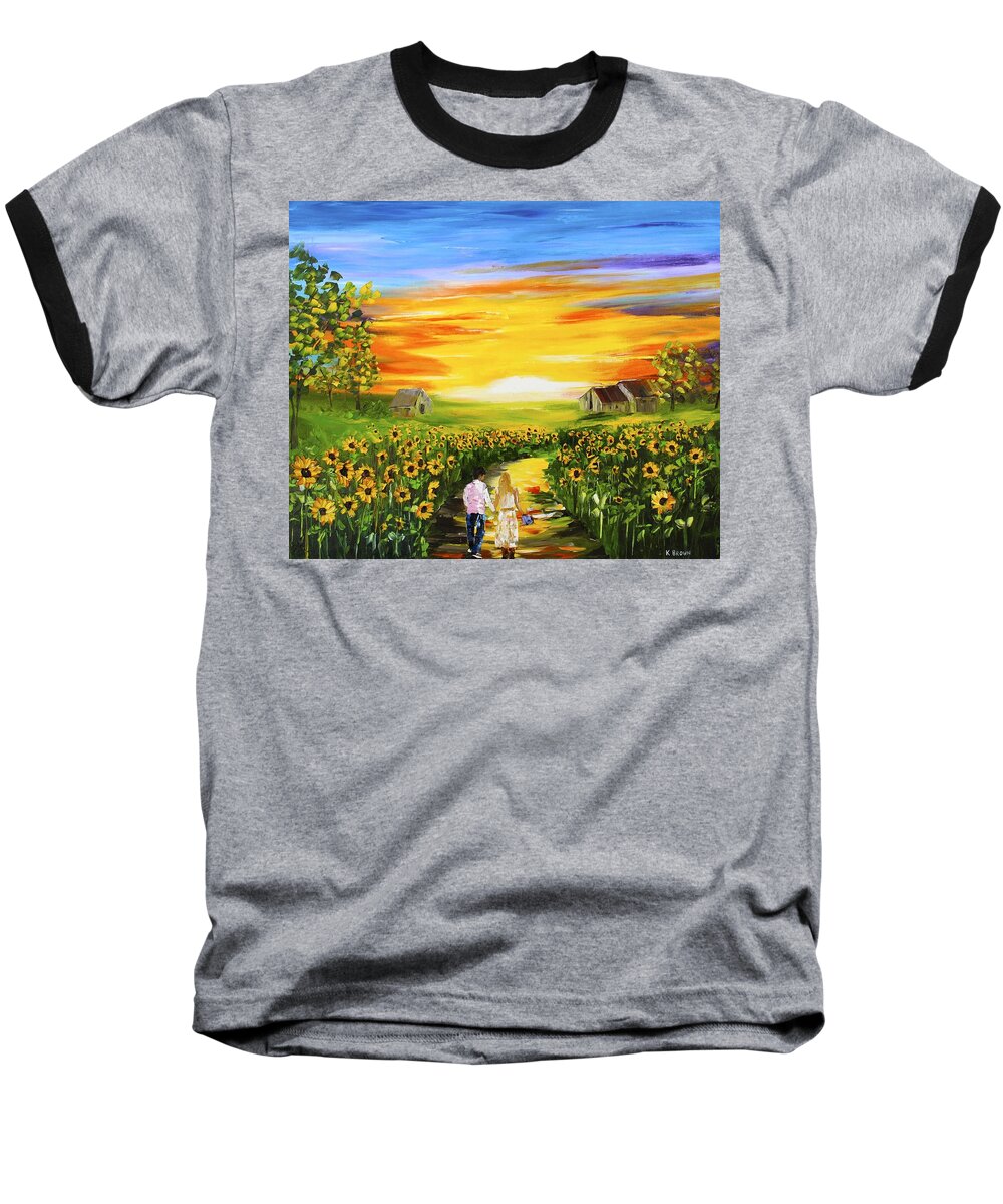 Palette Knife Paintings Baseball T-Shirt featuring the painting Walking Through the Sunflowers by Kevin Brown