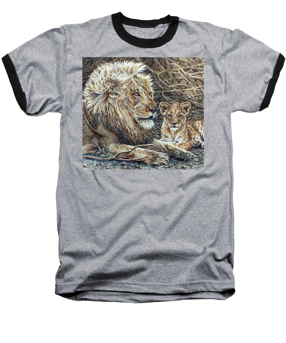 Lion Baseball T-Shirt featuring the painting Watching and Waiting by Denise Horne-Kaplan