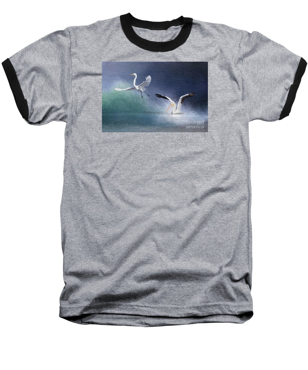 American White Pelican Baseball T-Shirt featuring the photograph Water Ballet by Bonnie Barry
