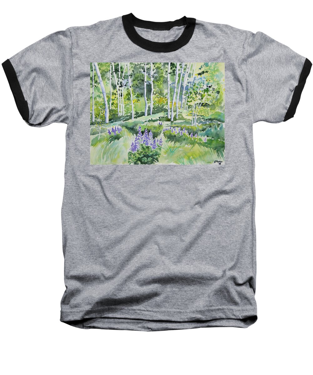 Aspen Baseball T-Shirt featuring the painting Watercolor - Early Summer Aspen and Lupine by Cascade Colors