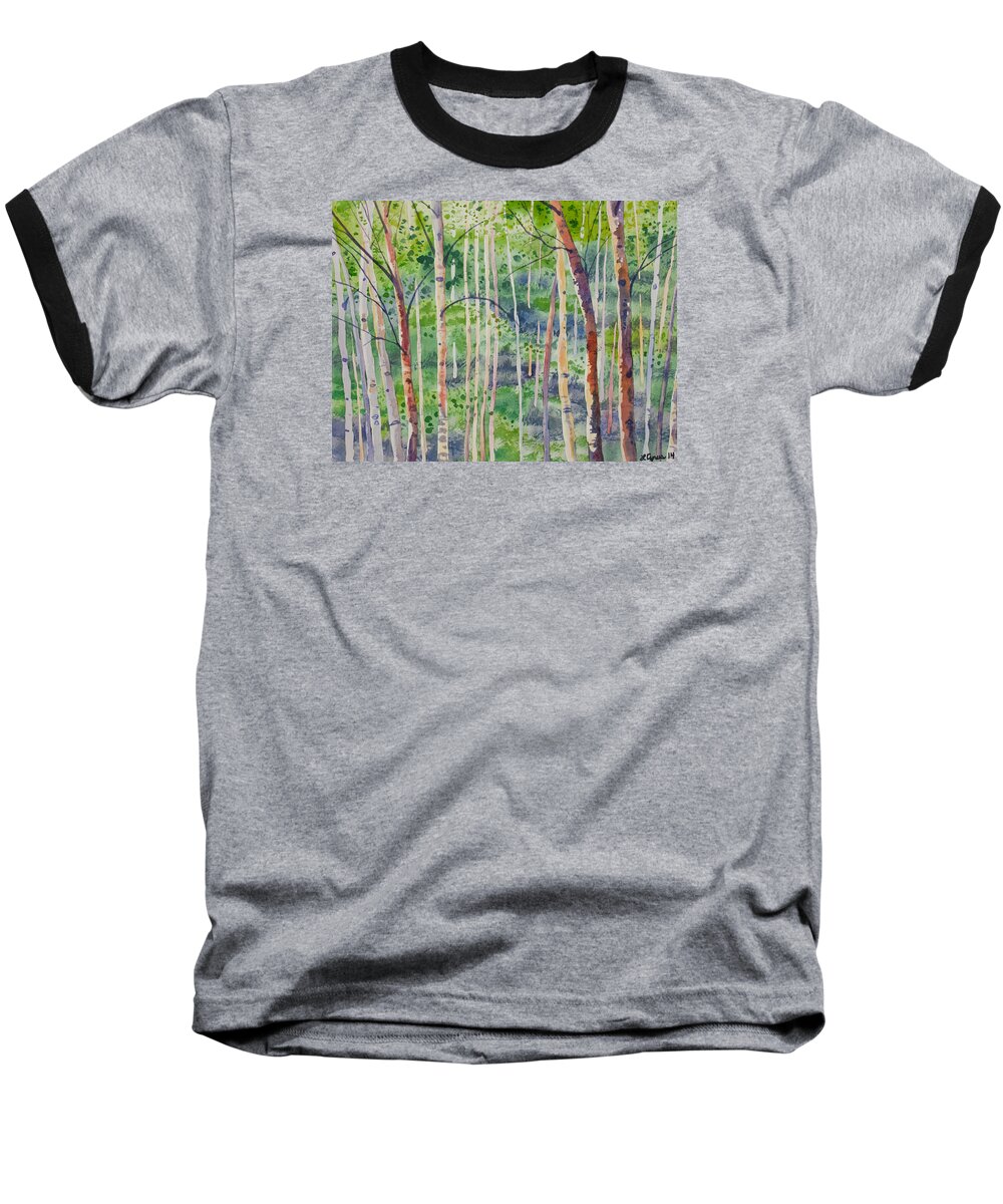 Aspen Baseball T-Shirt featuring the painting Watercolor - Magical Aspen Forest After a Spring Rain by Cascade Colors