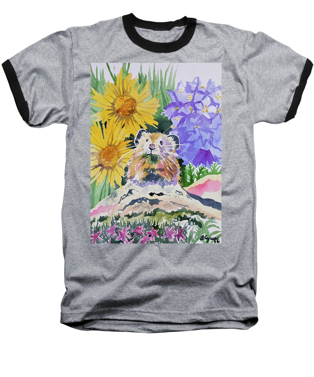 Pika Baseball T-Shirt featuring the painting Watercolor - Pika with Wildflowers by Cascade Colors