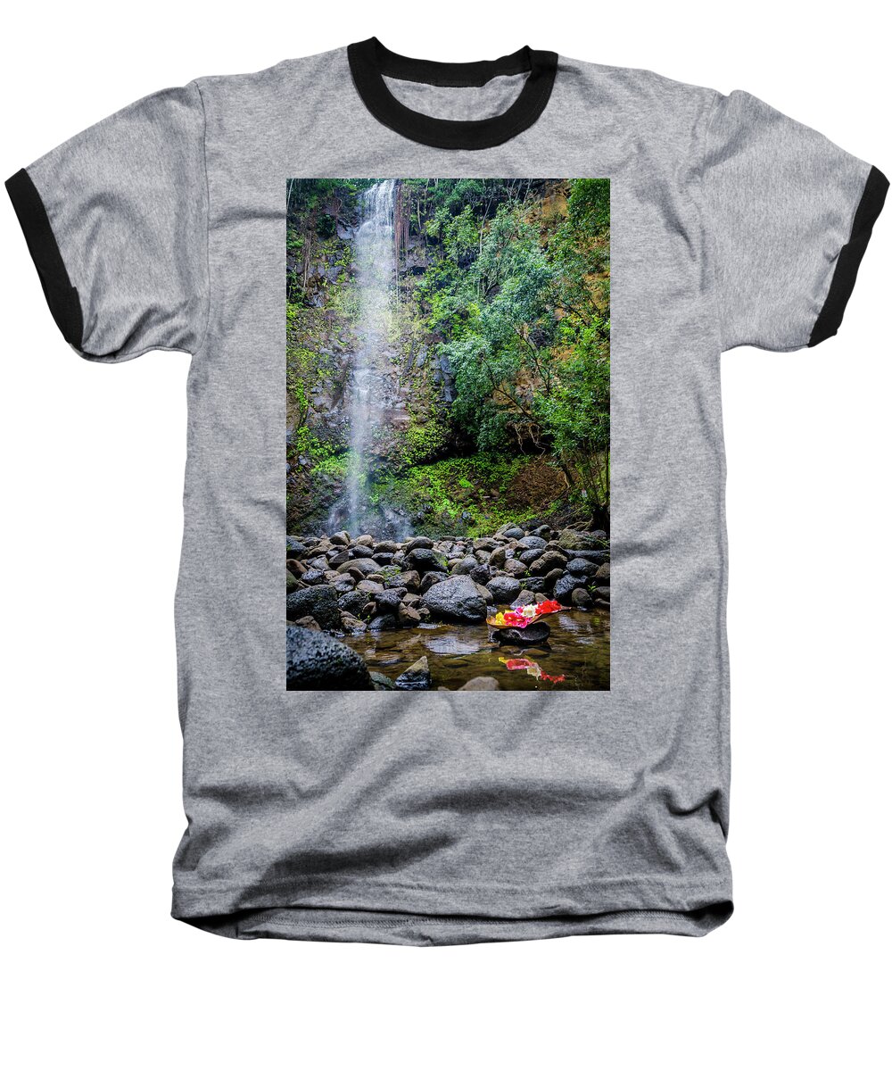 Flowers Baseball T-Shirt featuring the photograph Waterfall and Flowers by Daniel Murphy