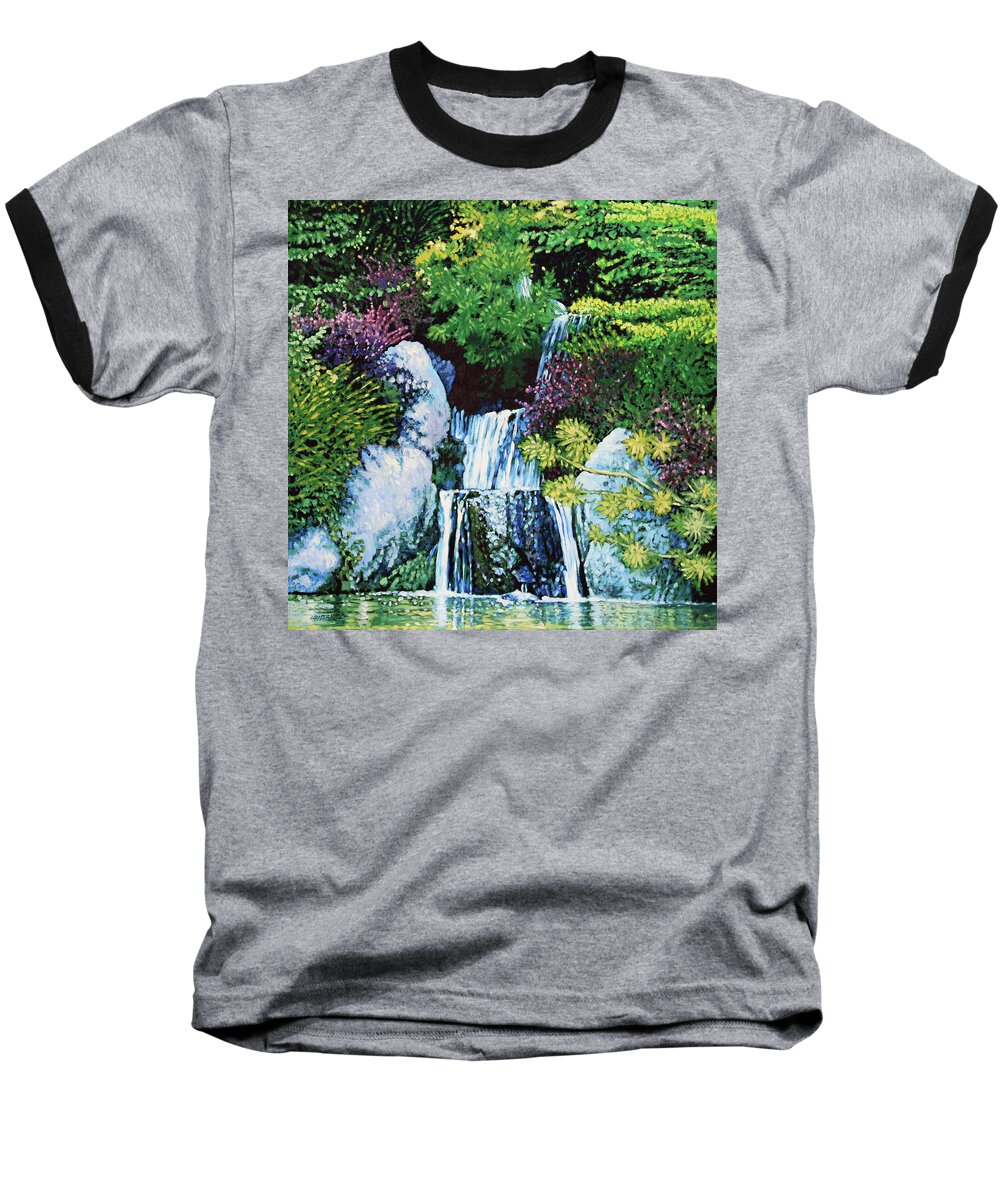 Waterfall Baseball T-Shirt featuring the painting Waterfall At Japanese Garden by John Lautermilch