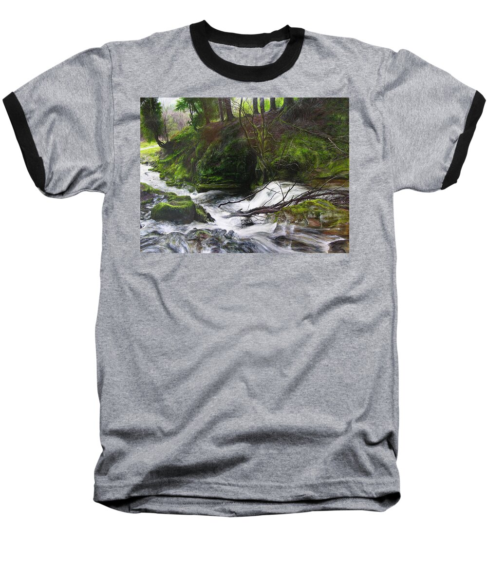 Landscape Baseball T-Shirt featuring the painting Waterfall near Tallybont-on-Usk Wales by Harry Robertson