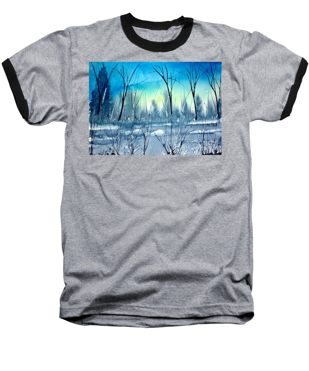 Watercolor Landscape Baseball T-Shirt featuring the painting Water's Edge by Eunice Miller