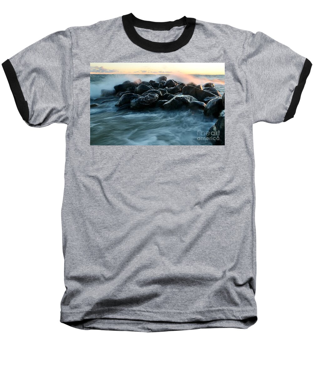 Wave Baseball T-Shirt featuring the photograph Wave Crashes Rocks 7941 by Steve Somerville