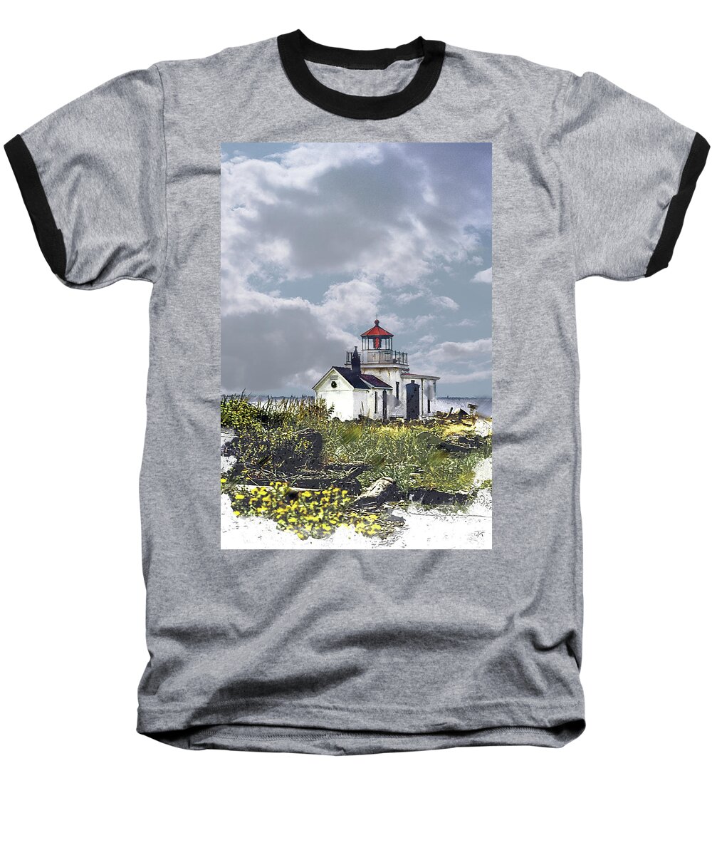 Clouds Baseball T-Shirt featuring the painting West Point Lighthouse in Seattle by Elaine Plesser