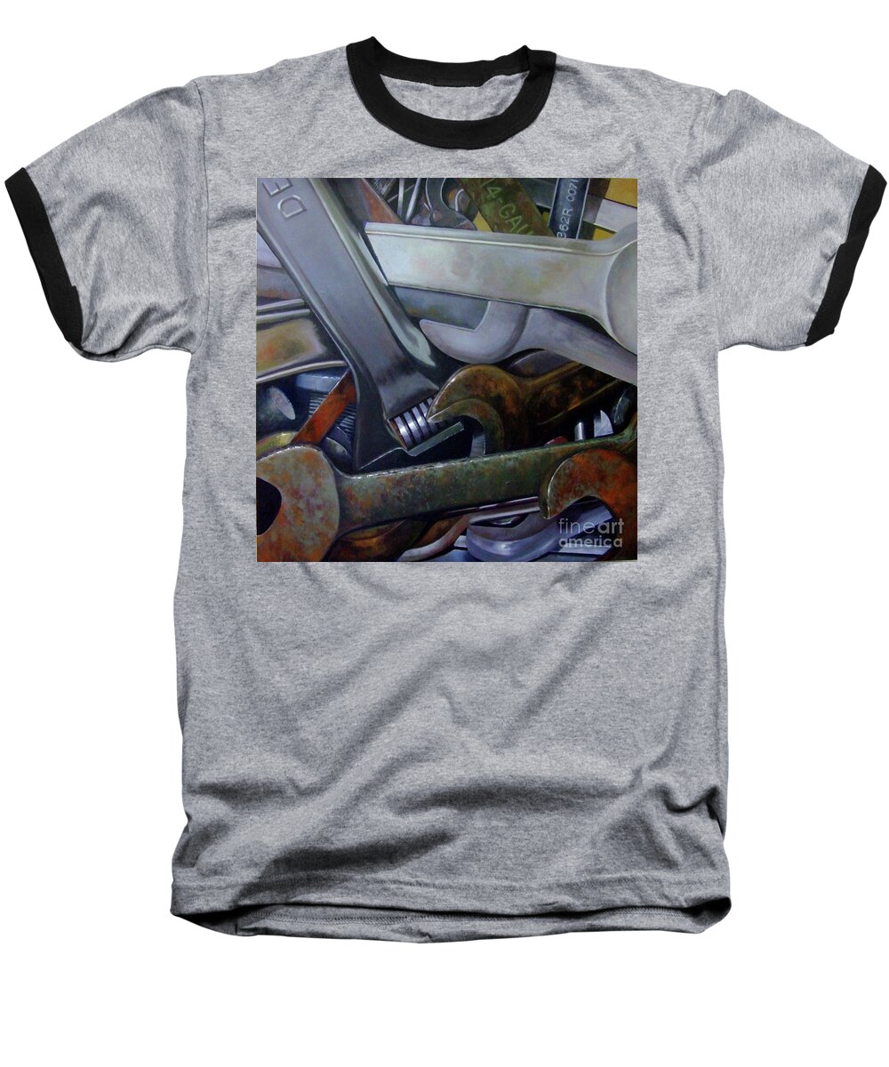 Tools. Wrenches Baseball T-Shirt featuring the painting Where Have All The Mechanics Gone by Jessica Anne Thomas
