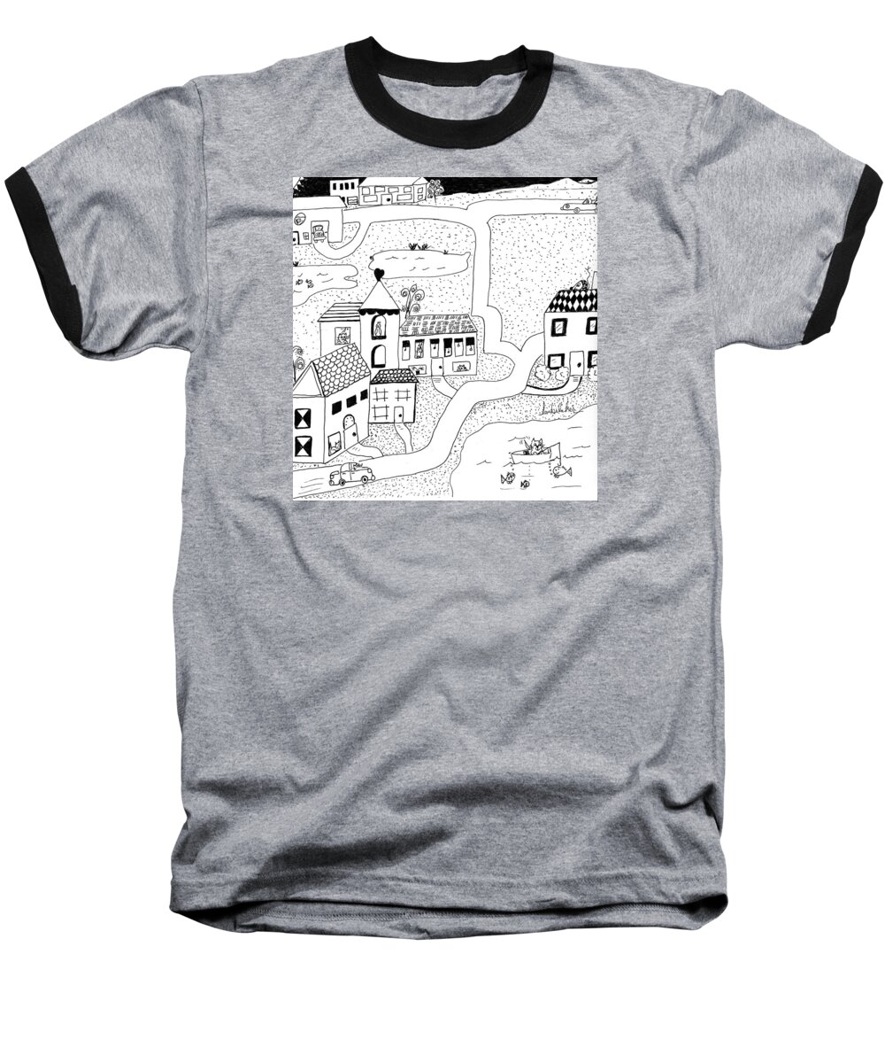 Buildings Baseball T-Shirt featuring the painting Whimsy Town by Lou Belcher