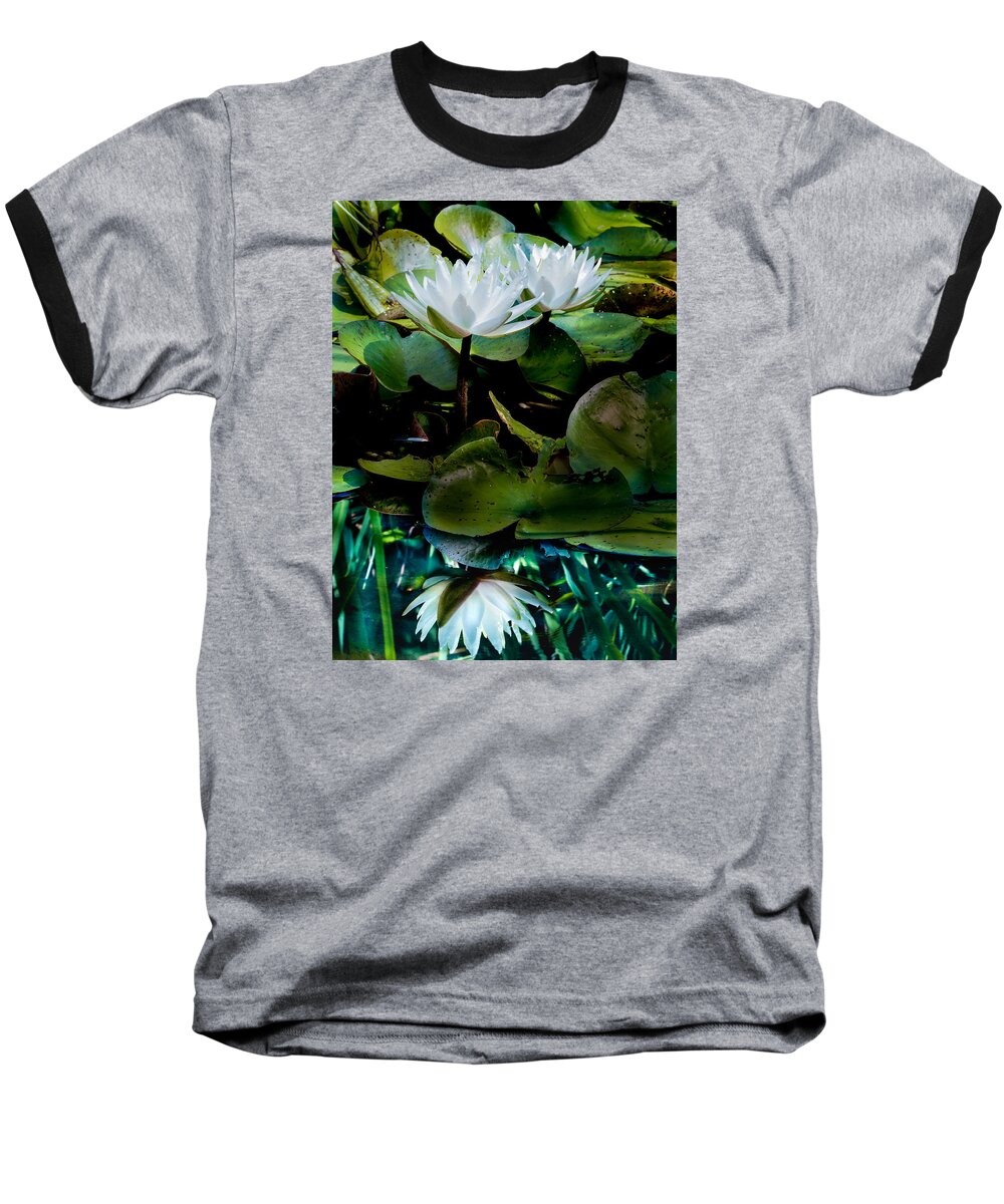 Water Lilies Baseball T-Shirt featuring the photograph White Lilies, White Reflection by Paula Ponath