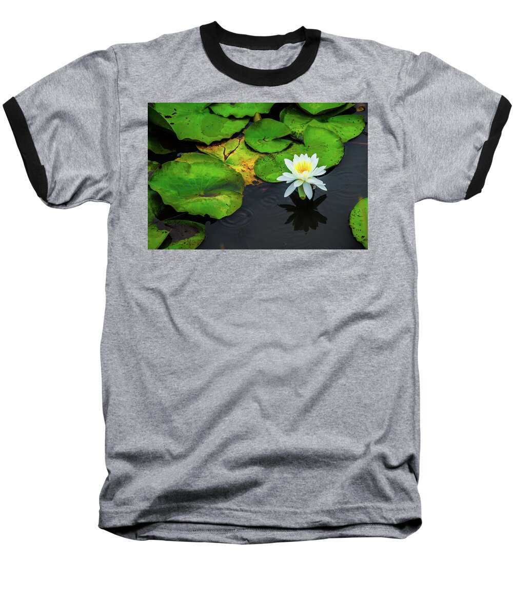 Bloom Baseball T-Shirt featuring the photograph White Lily and Rippled Water by Dennis Dame