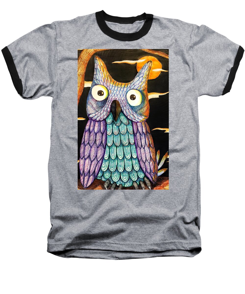  Hoot Owl Baseball T-Shirt featuring the drawing Whom? by Jame Hayes