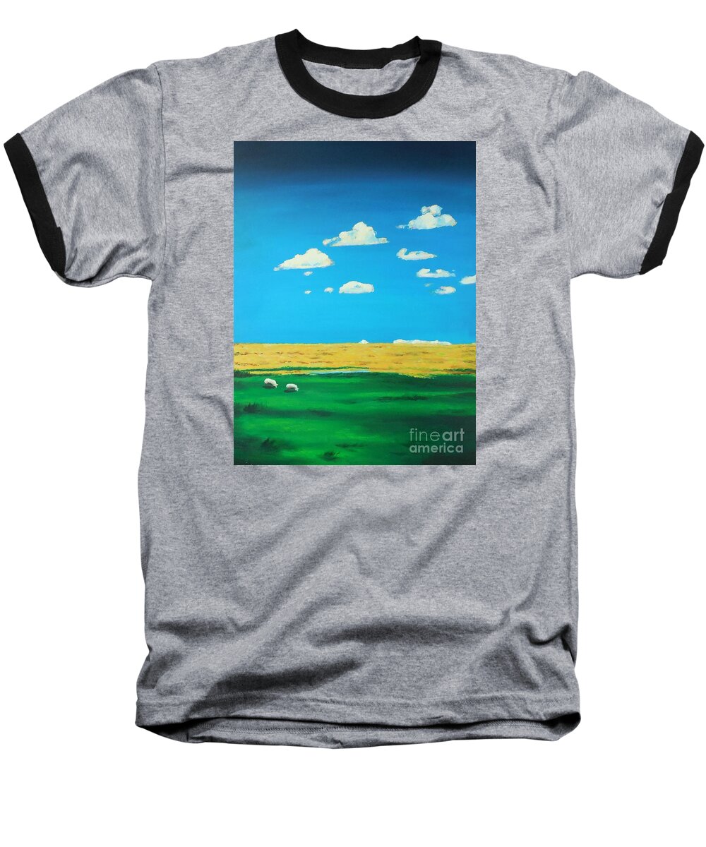Sheep Baseball T-Shirt featuring the painting Wide Open Spaces and a Big Blue Sky by Cami Lee