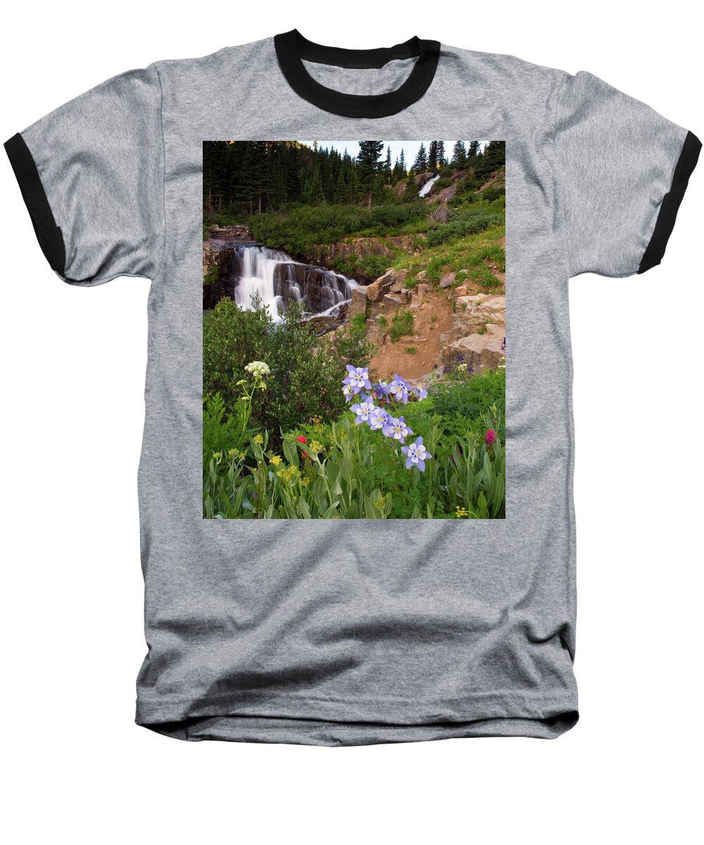 Colorado Baseball T-Shirt featuring the photograph Wild Flowers and Waterfalls by Steve Stuller