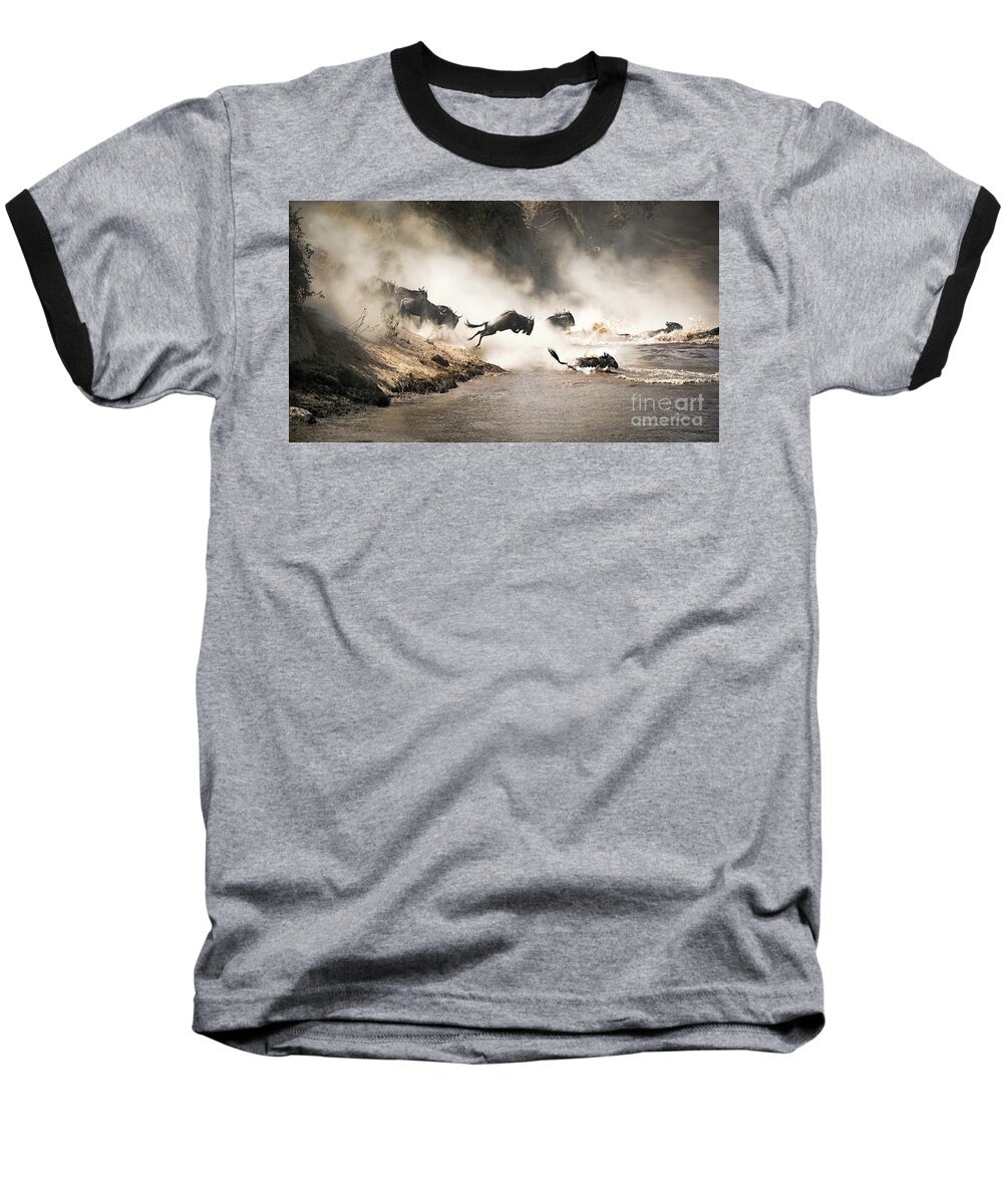 Mara Baseball T-Shirt featuring the photograph Wildebeest leap of faith into the Mara River by Jane Rix