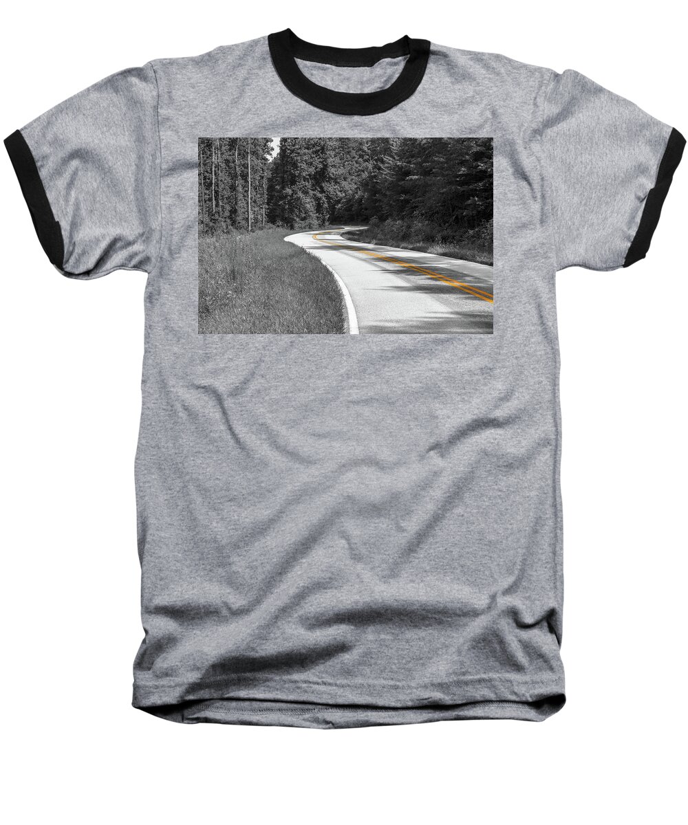 Country Road Baseball T-Shirt featuring the photograph Winding Country Road in selective color by Doug Camara