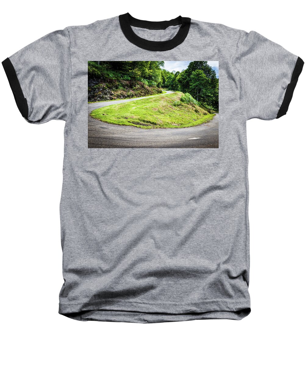 Boussenac Baseball T-Shirt featuring the photograph Winding road with sharp bend going up the mountain by Semmick Photo