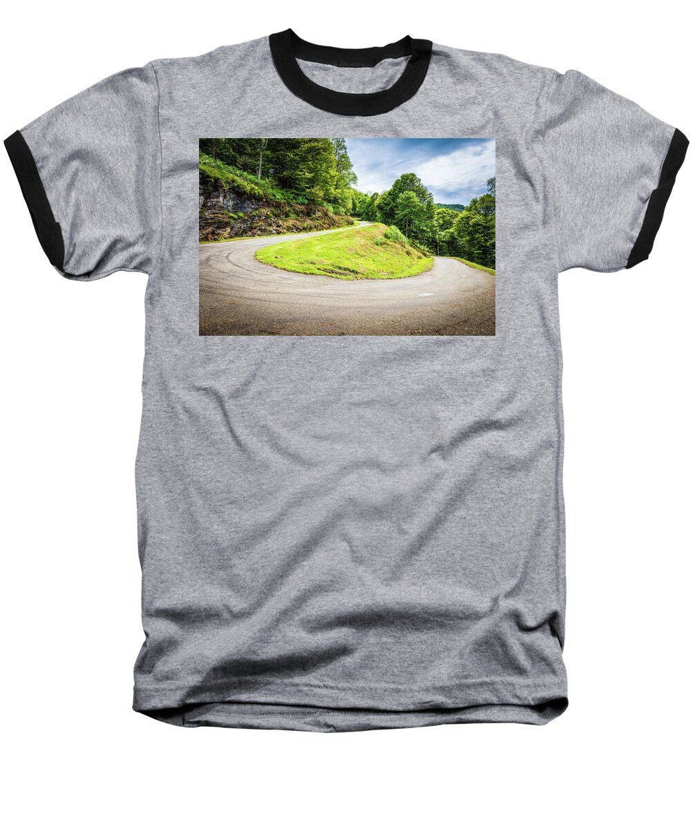Boussenac Baseball T-Shirt featuring the photograph Winding road with sharp curve going up the mountain by Semmick Photo