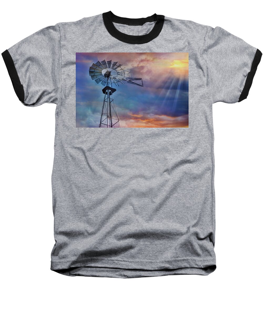 Windmill Baseball T-Shirt featuring the photograph Windmill At Sunset by Susan Candelario
