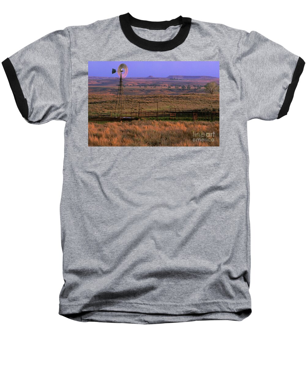 Dave Welling Baseball T-Shirt featuring the photograph Windmill Cattle Fencing Texas Panhandle by Dave Welling
