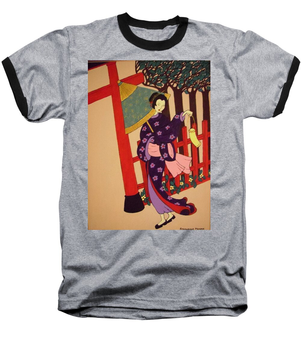 Geisha Baseball T-Shirt featuring the painting Windy Day by Stephanie Moore