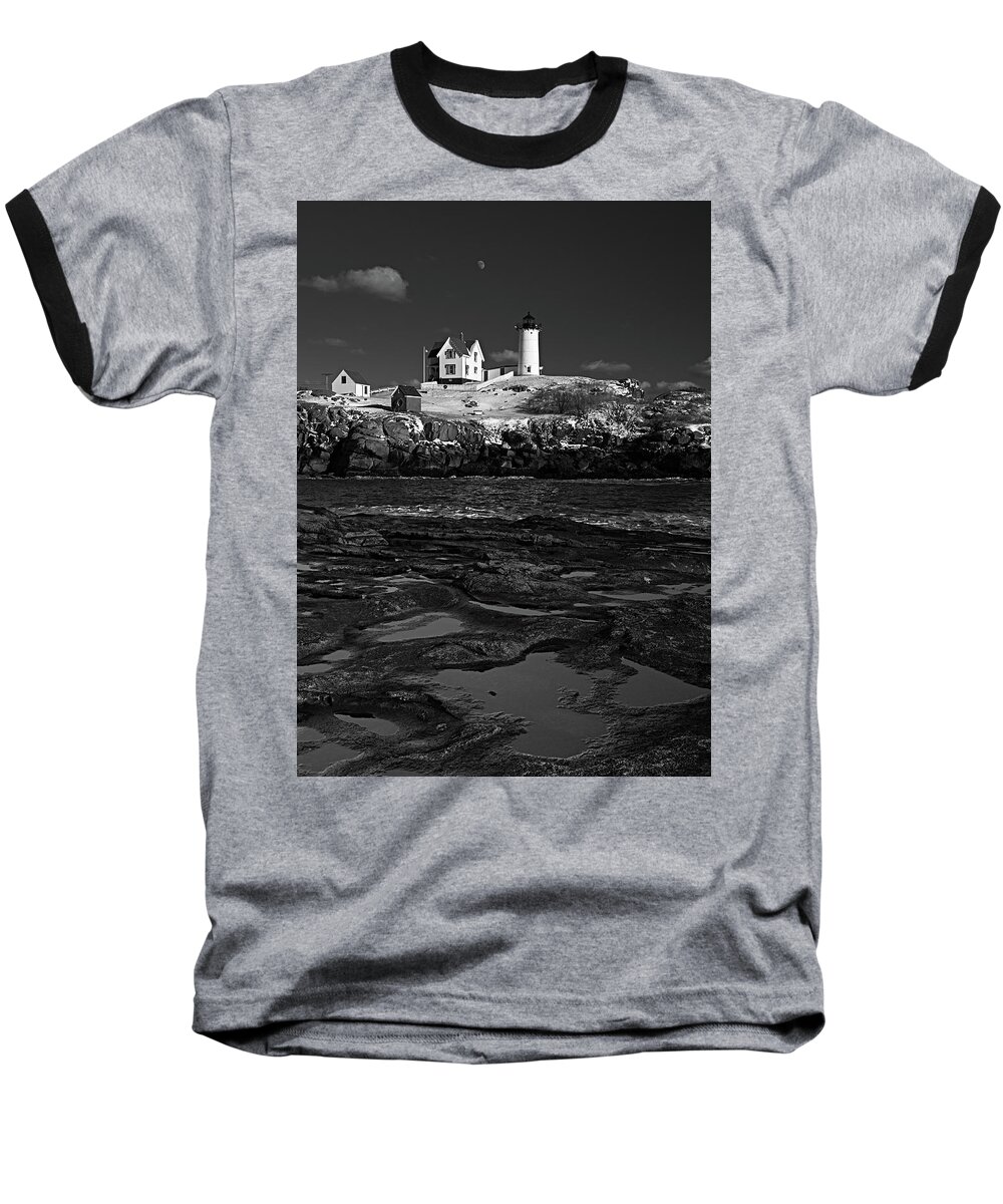 Vacationland Baseball T-Shirt featuring the photograph Winter At Nubble Lighthouse BW by David Smith