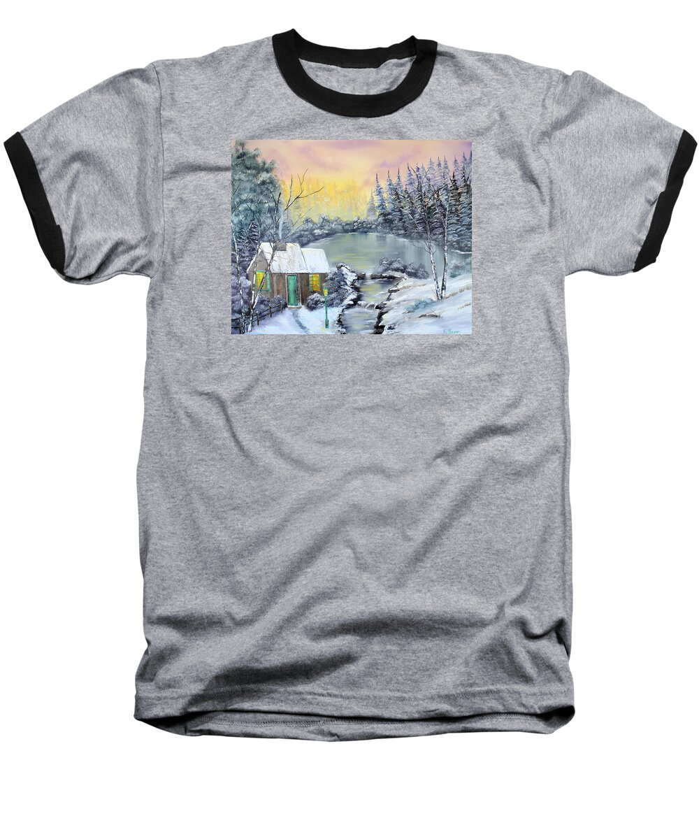 Winter Baseball T-Shirt featuring the painting Winter Cabin by Kevin Brown