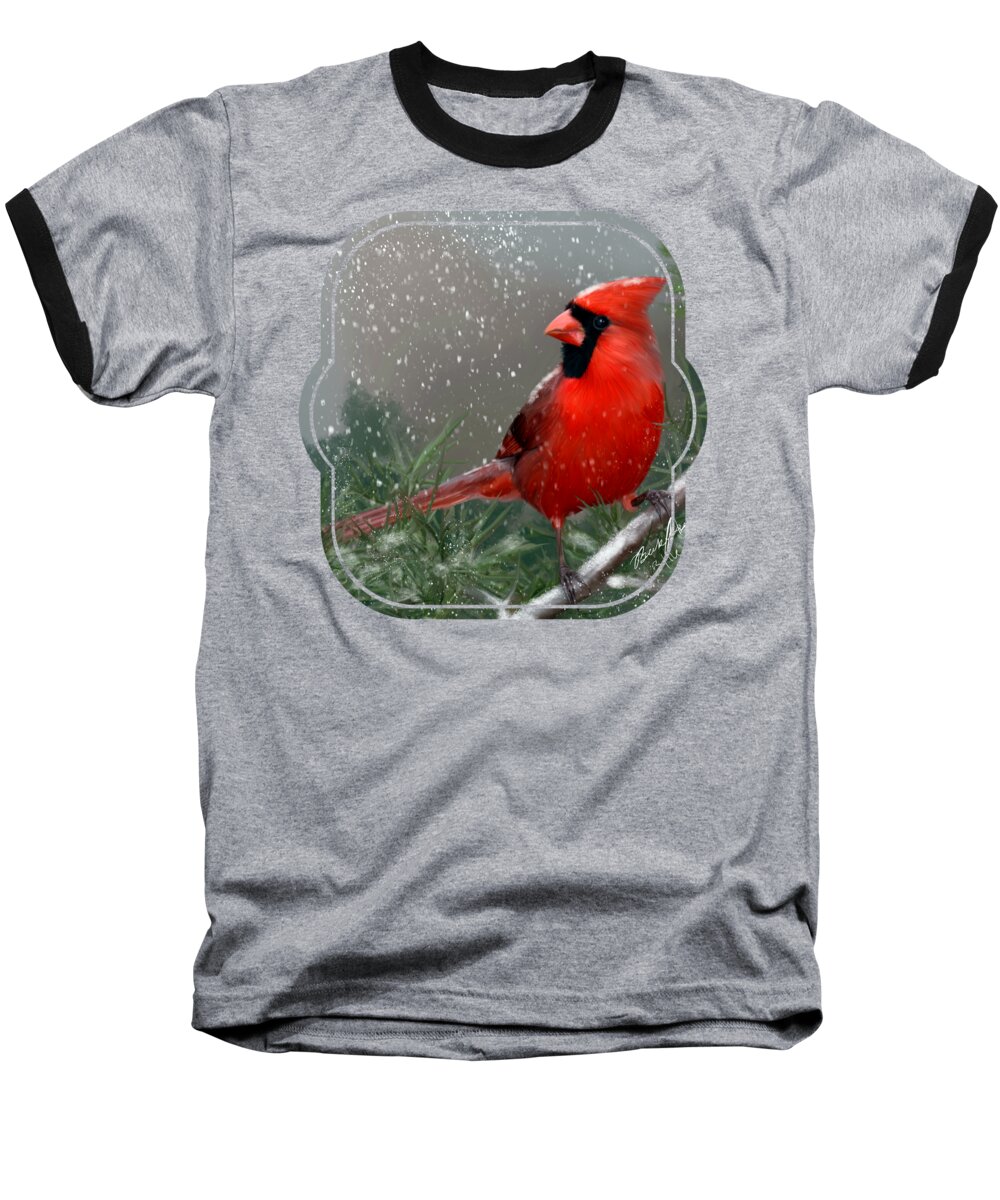 Bird Baseball T-Shirt featuring the painting Winter Cardinal by Becky Herrera