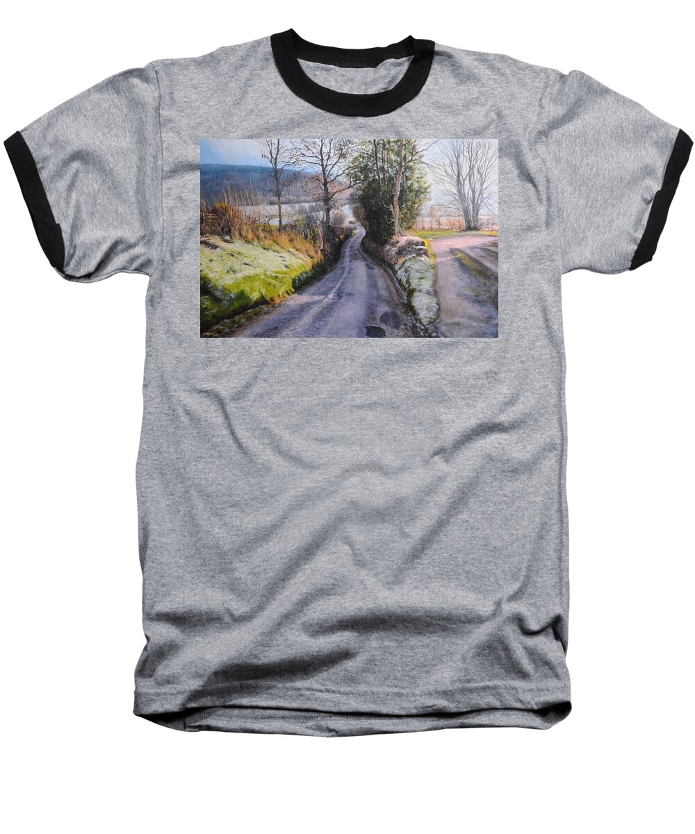 Landscape Baseball T-Shirt featuring the painting Winter in North Wales by Harry Robertson