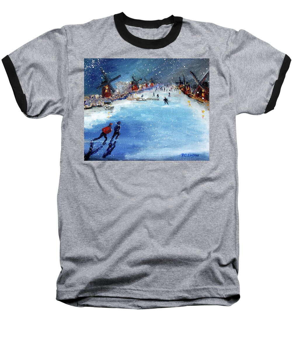 Ice Skating Baseball T-Shirt featuring the painting Winter in the Netherlands by Phyllis London