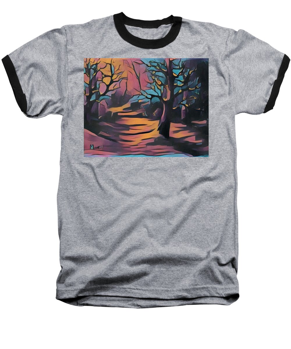 Landscapes Baseball T-Shirt featuring the painting Winter Sunset digital by Megan Walsh